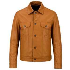 Men's Tan Leather Trucker Jacket – Classic Button-Front Biker Jacket