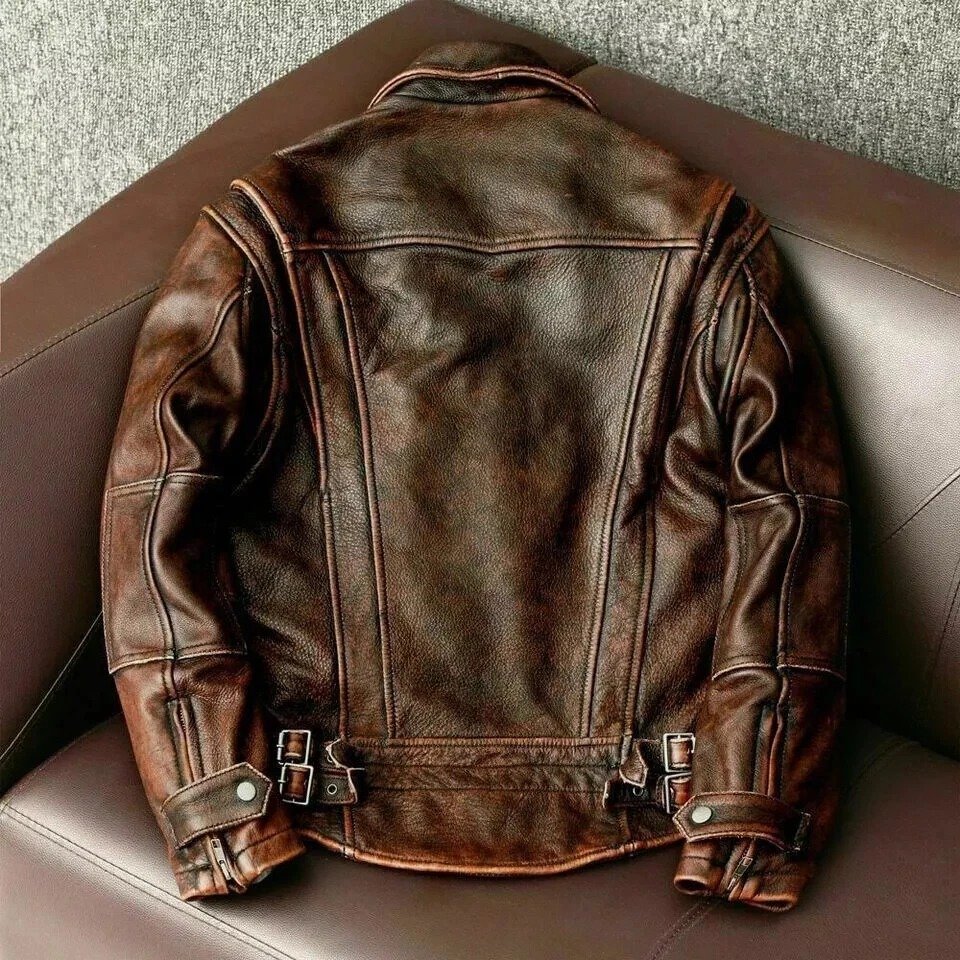 Men's Distressed Vintage Brown Leather Biker Jacket – Spread Collar Zip Jacket - Image 2