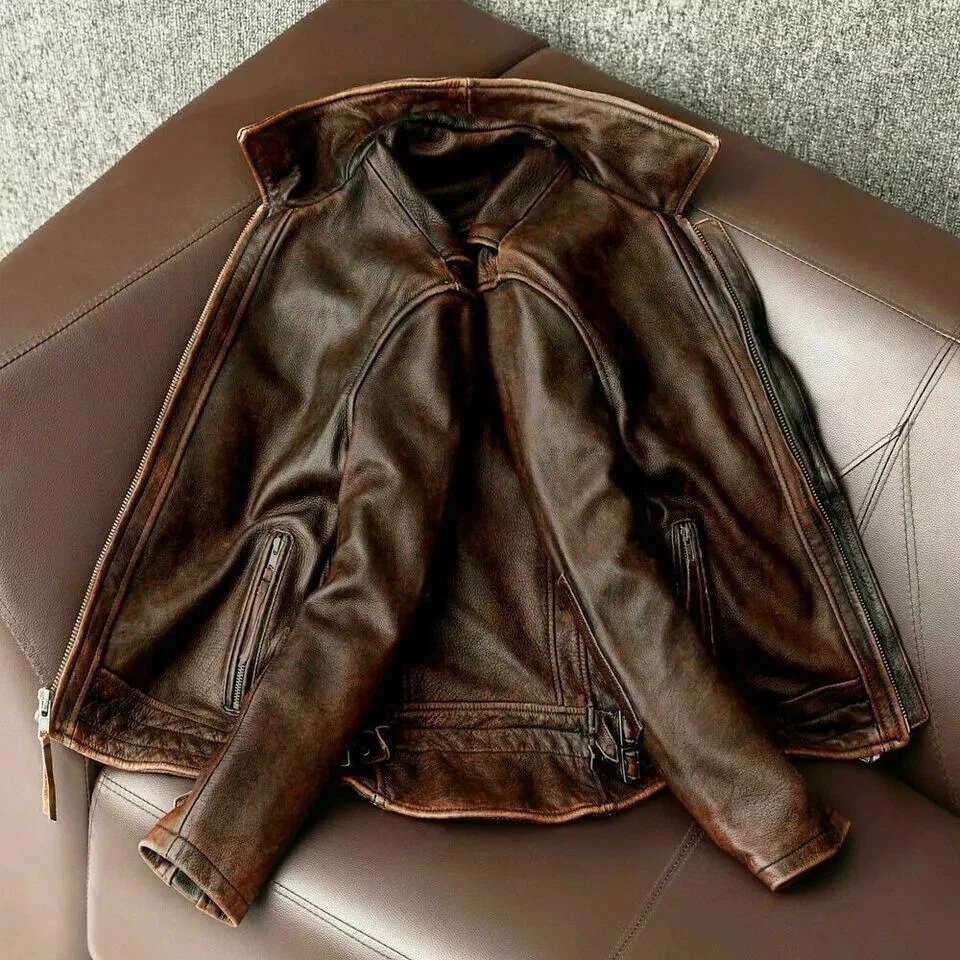 Men's Distressed Vintage Brown Leather Biker Jacket – Spread Collar Zip Jacket - Image 3