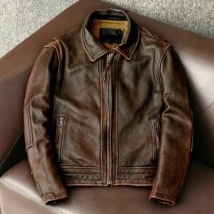Men's Distressed Vintage Brown Leather Biker Jacket – Spread Collar Zip Jacket