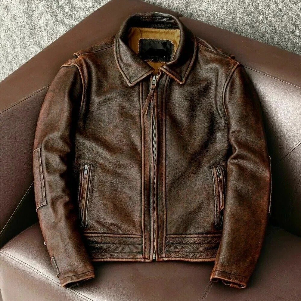 Men's Distressed Vintage Brown Leather Biker Jacket – Spread Collar Zip Jacket